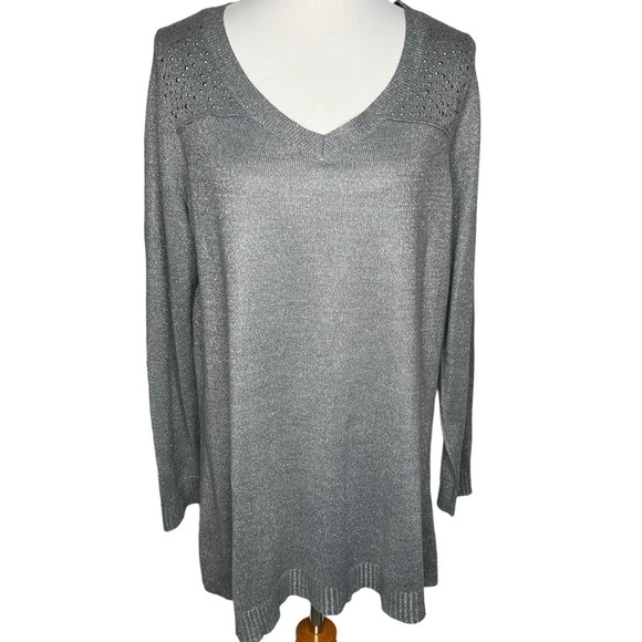Catherines Silver Gray V Neck Studded Metallic Long Sleeve Sweater Size 0X 16W - Picture 3 of 14
